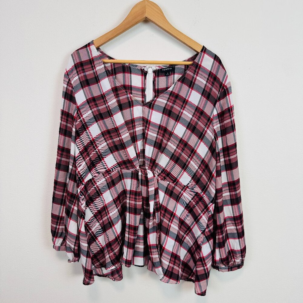 Torrid plaid popover blouse Womens 2 (2X) tie front red black white long sleeve